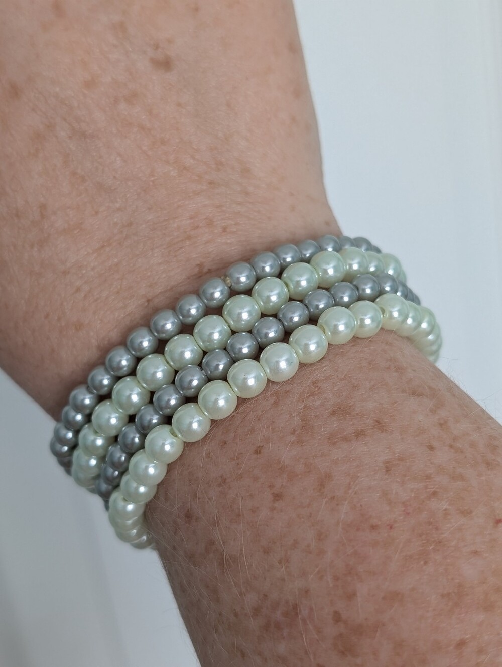 Stackable Faux Gray And Ivory Pearl Bracelets